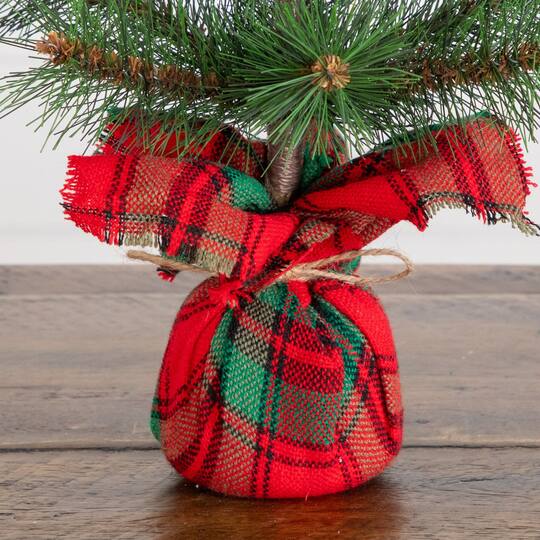 Nearly Natural 16" Unlit Artificial Christmas Tree with Tartan Plaid Flannel Wrapped Base
